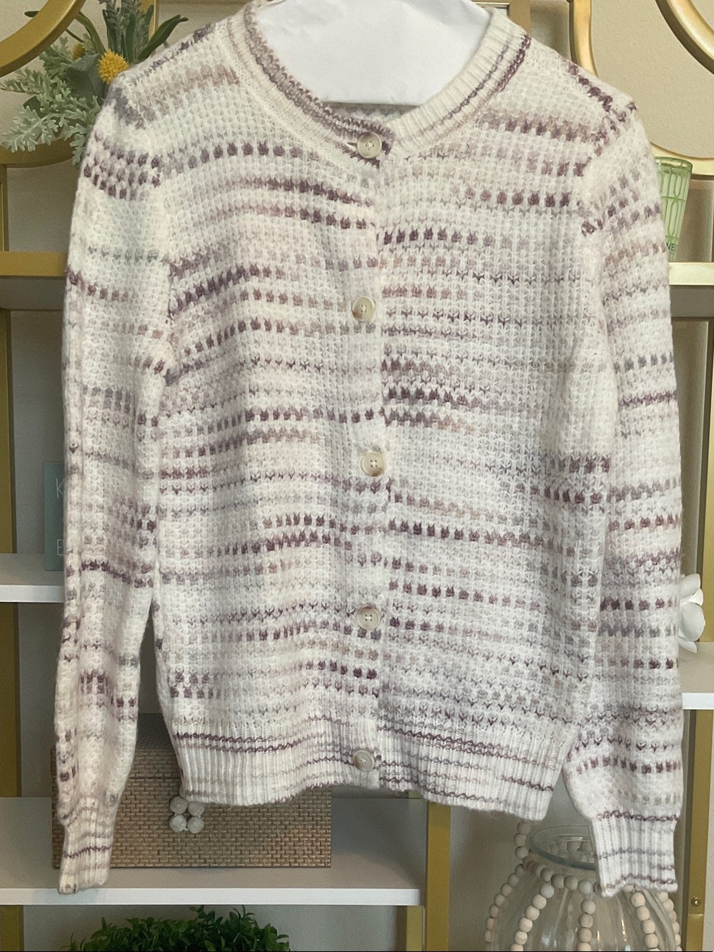 LOFT Cream and Mauve Striped Button-Front Cardigan